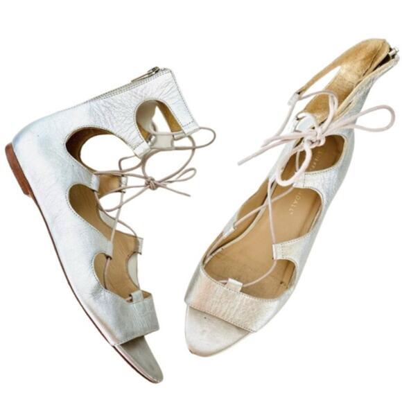 LOEFFLER RANDALL Metallic Silver Leather Lace Up Open Toe Strap Sandal Flats 8.5 - Picture 1 of 11